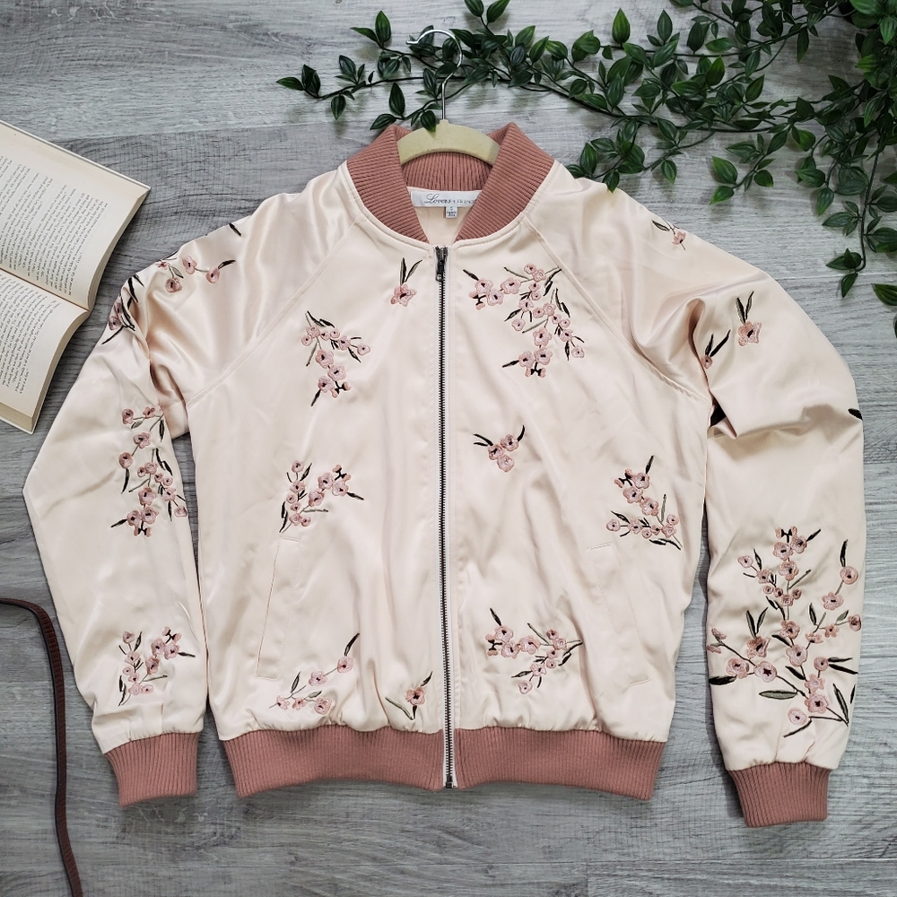 Lovers + Friends | Satin Pink Floral Puffer Bomber Jacket Size S